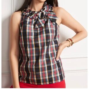 Talbots Bow Ruffle Neck Shell Celebrate Plaid MP M Petite Holiday Metallic NWOT